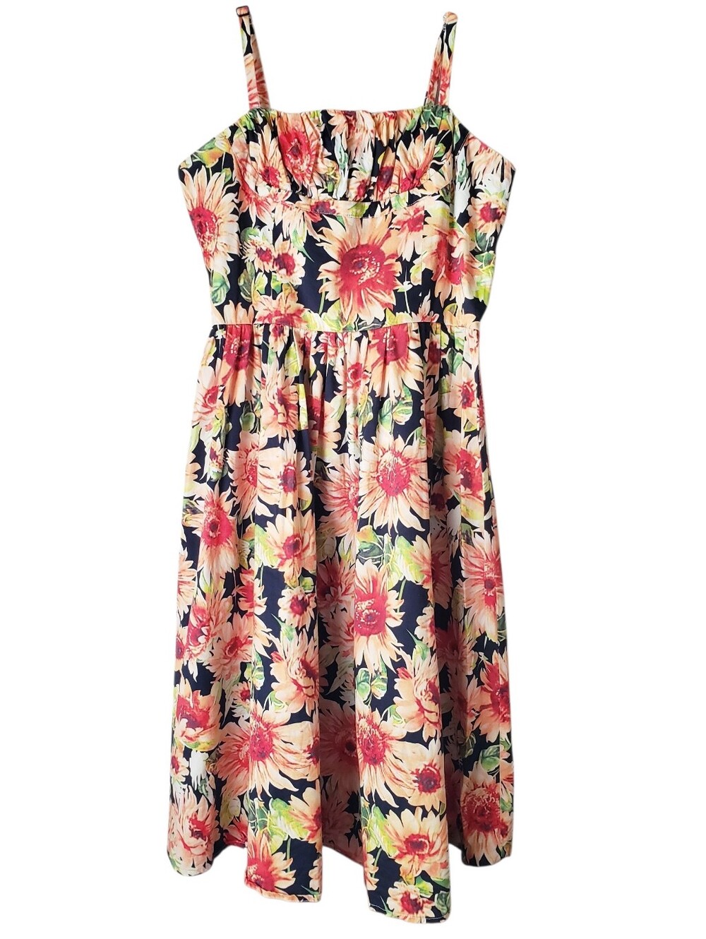 Orange Black Sunflower Print Summer Dress